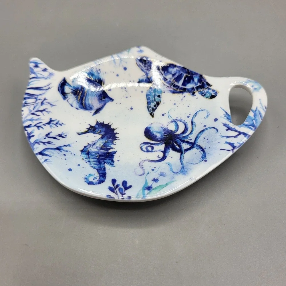 UP Tea Bag Rest Holder Spoon Rest Under Sea Octopus Turtle Seahorse Blue White